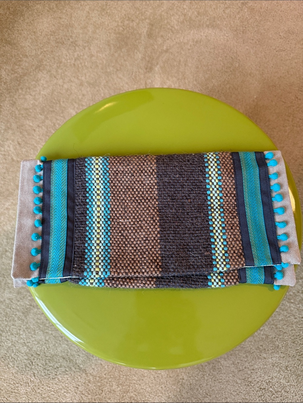 Woven Stripe Foldover Clutch with Turquoise Pom Trim